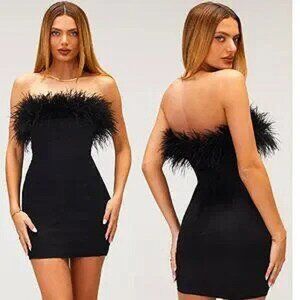 💋SMOCKING HOT💋"STOP THE SHOW" BLACK GENUINE FEATHER TRIM BANDEAU MINI DRESS